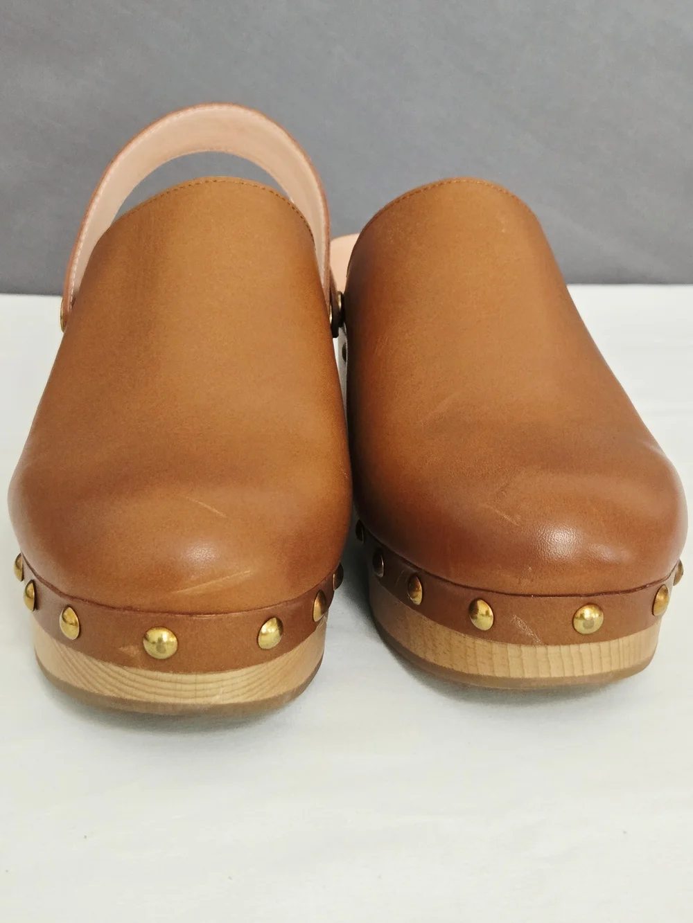 J. Crew Convertible Leather Clogs Tan Brown Studded Wood Platform Mules Size 8.5